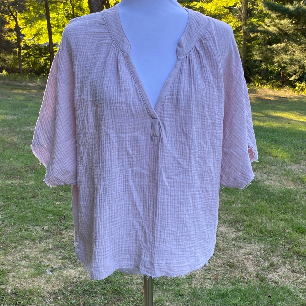 YOUNG FABULOUS & BROKE TOP TUNIC BLUSH PINK WAFFLE Y NECK DISTRESSED SIZE S